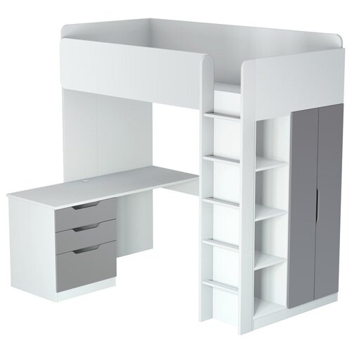 Кровать-чердак Polini Simple с письменным столом и шкафом, белый-серый