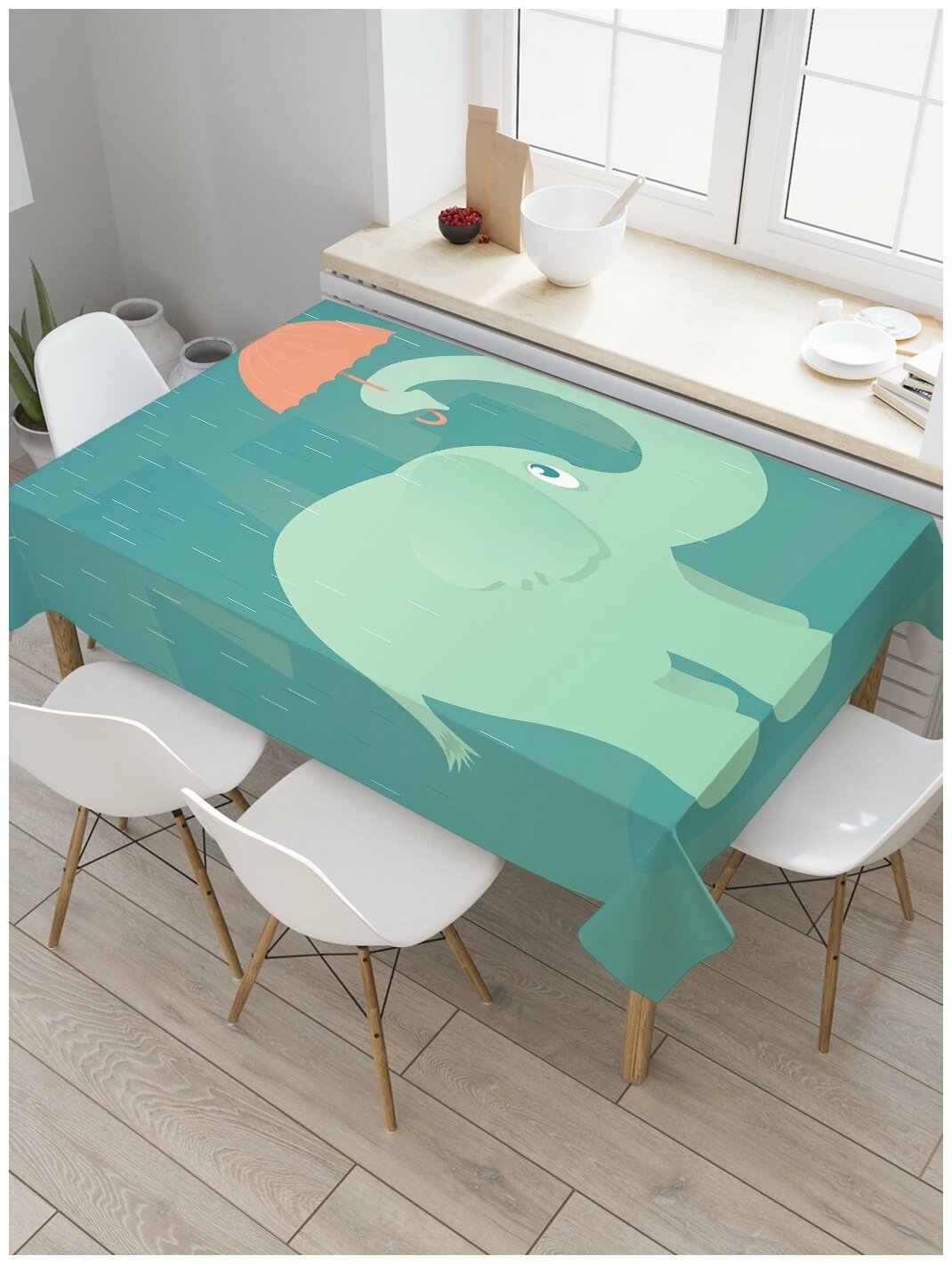 Скатерть прямоугольная JoyArty на кухонный стол "Слоненок под зонтиком" из оксфорда, 180x145 см