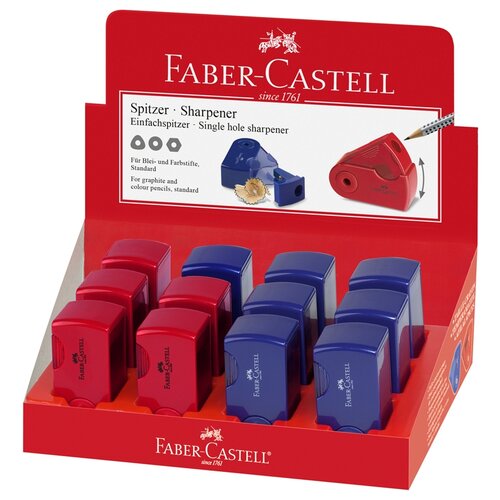 faber castell точилка пластиковая 1 отверстие контейнер ассорти sela Faber-Castell Точилка Sleeve Mini красная/синяя, 12 шт синий