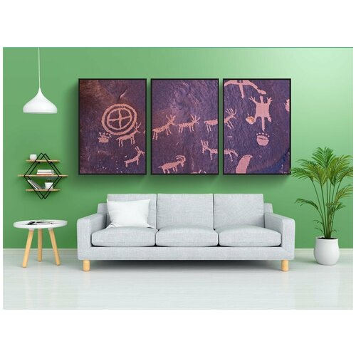 фото Набор модулных постеров для интерьера "газета наскальные рисунки, петроглиф, камень" 60x90 см. в тубусе, без рамки lotsprints