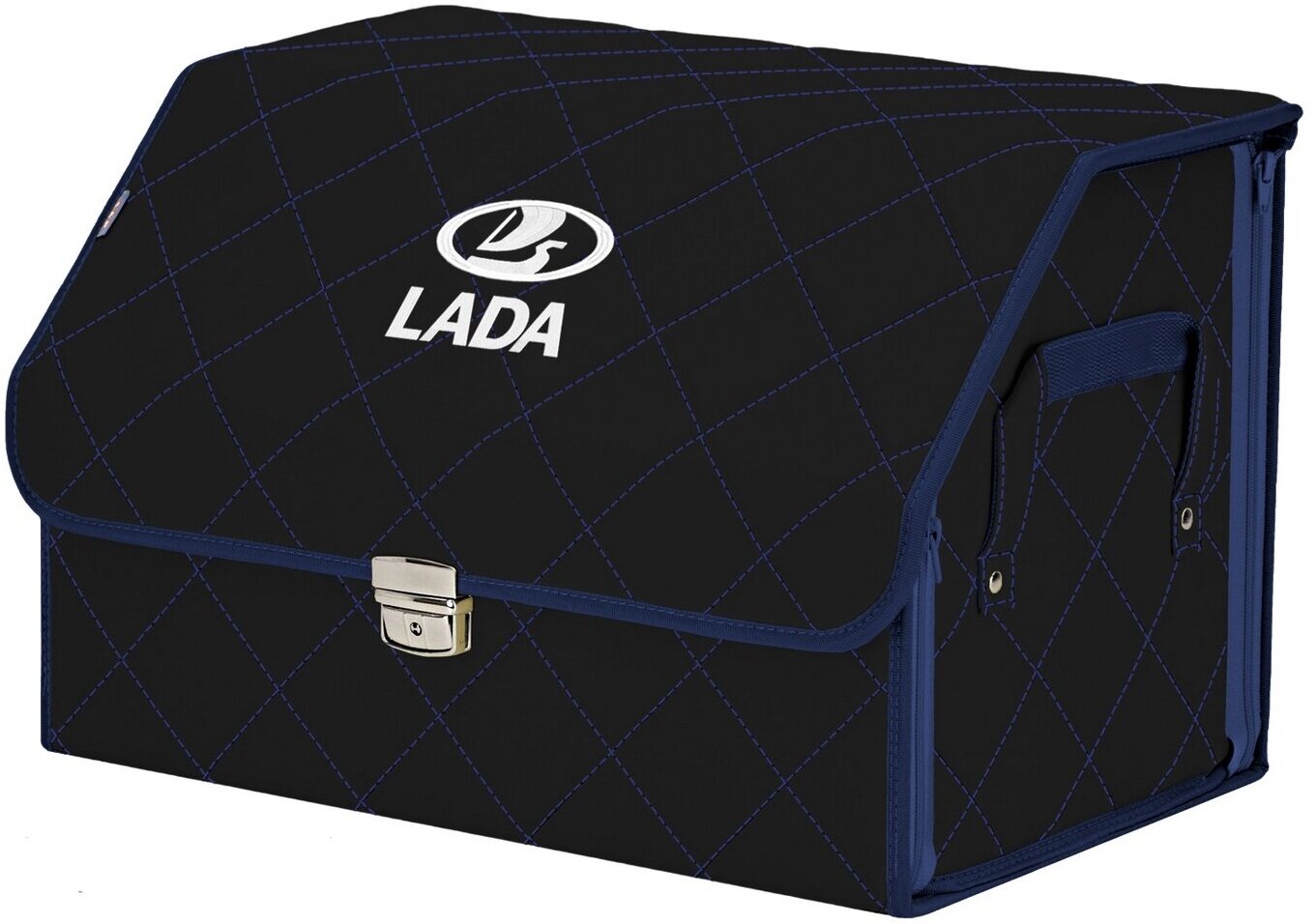 Органайзер-саквояж в багажник "Союз Премиум" (размер L). Цвет: черный с синей прострочкой Ромб и вышивкой LADA (лада).