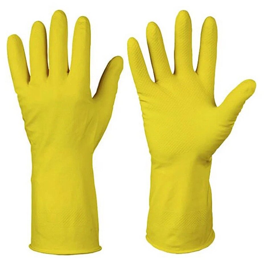 Перчатки особопрочные Household Gloves хозяйственные латексные с х/б напылением, жёлтые. Размер:L - фотография № 2