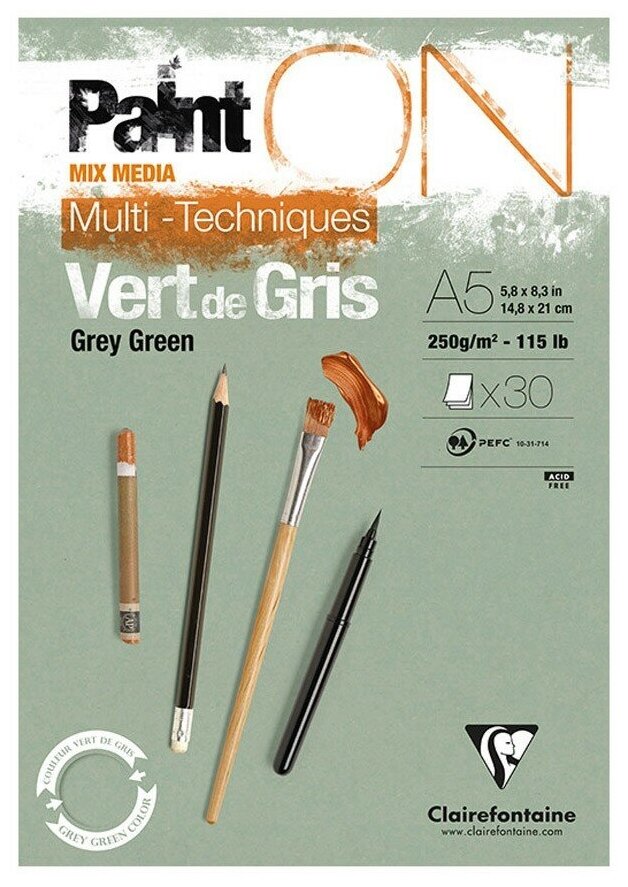 Бумага для графики Clairefontaine Скетчбук для смешанных техник "Paint'ON Vert de Gris" А5 250г/м2 серо-зелен, 30л, Clairefontaine, склейка