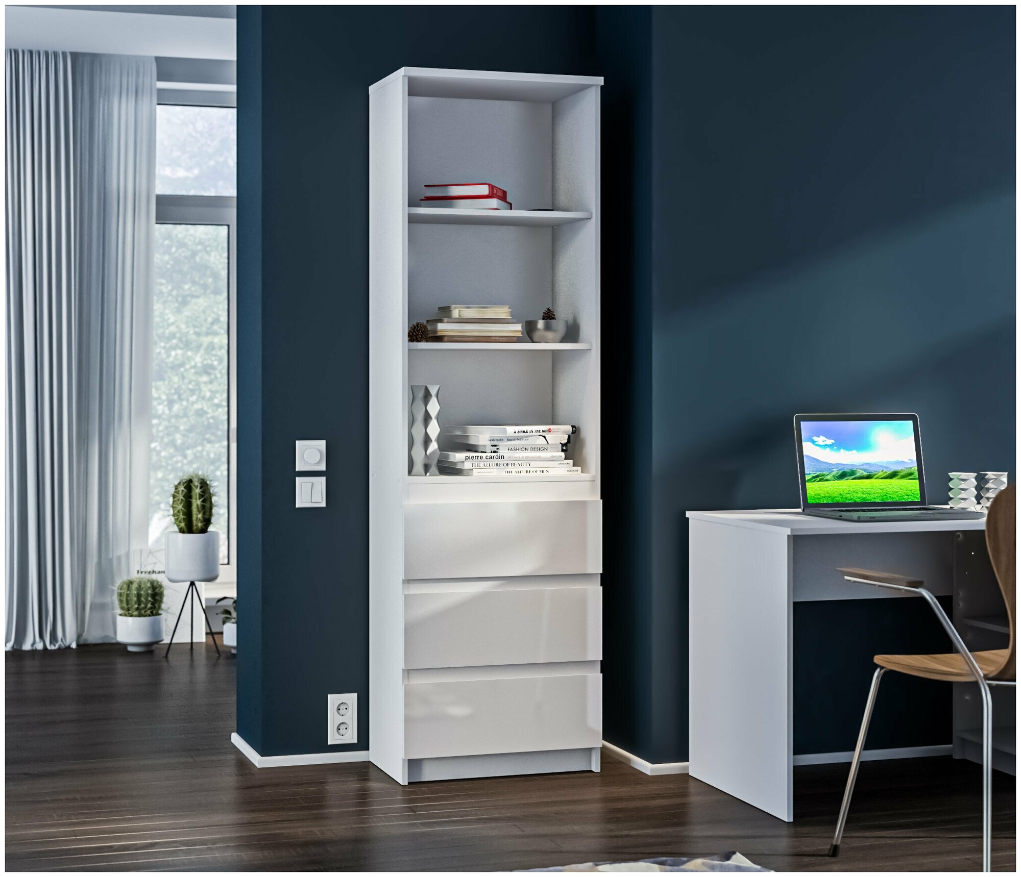 фото Стеллаж столплит Медея СБ-3237 с 3 полками, с 3 ящиками, белый/белый глянец 60х200х35 см