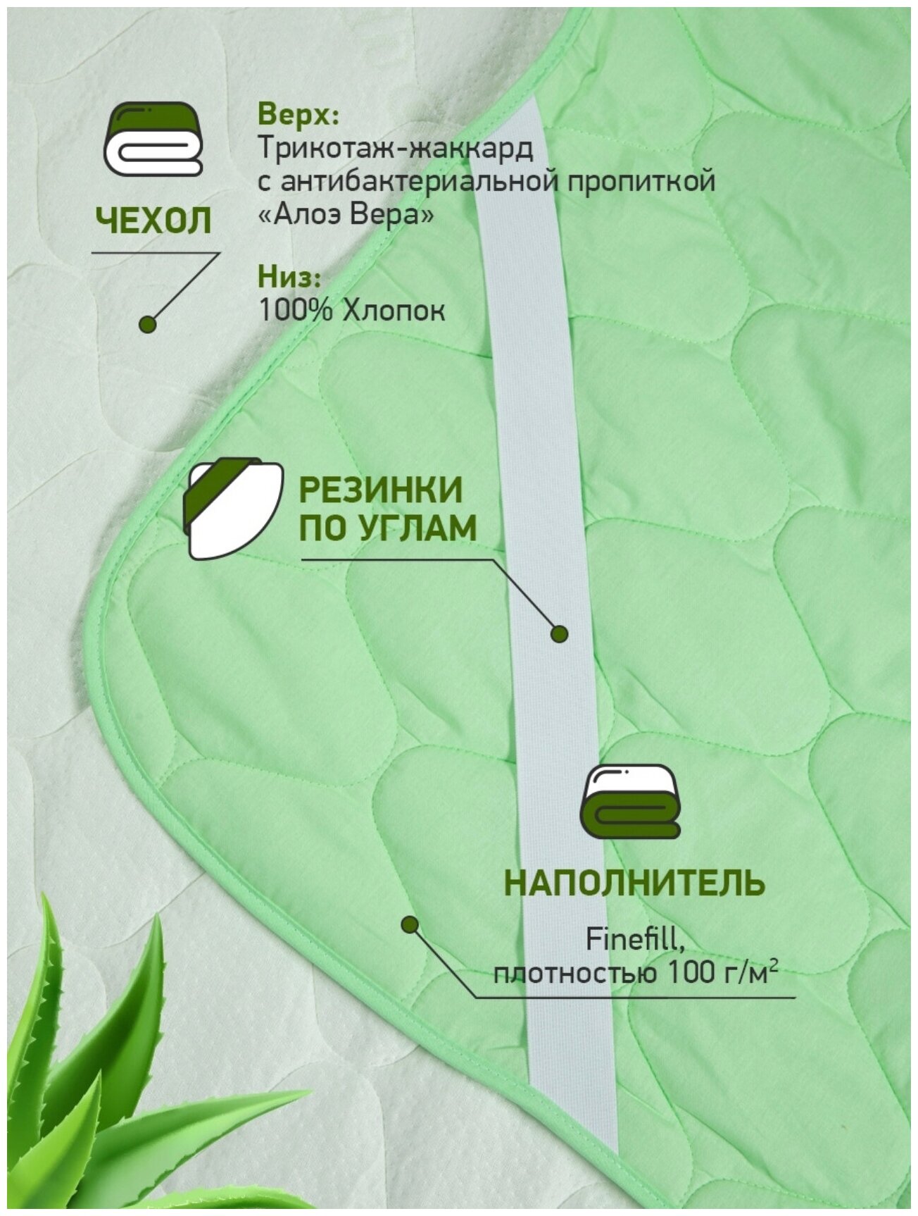Наматрасник-топпер Алое 160х200, премиум класса, с резинками по углам, детский, в кроватку, защитный, стеганый чехол, Goldtex