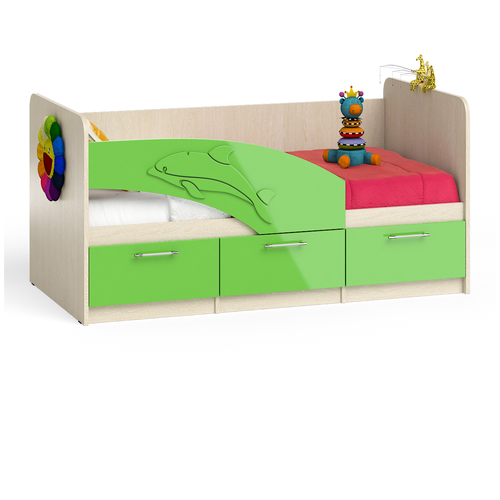 фото Кровать детская с ящиками дельфин 1,6л цвет дуб атланта/зелёное яблоко глянец бит и байт