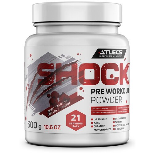 Atlecs Shock PRE Workout предтренировочный комплекс для эффективные тренировки, энергии, выносливости, роста мышц (пампинг, таурин, бета-аланин, аргинин) вишня 300 гр, 21 порц.