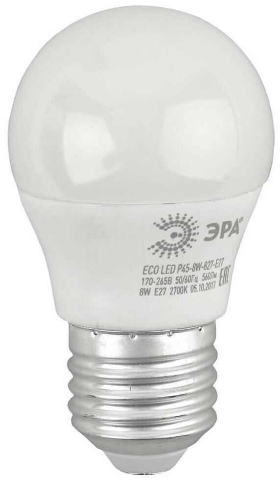 ЭРА Лампа светодиодная ЭРА E27 8W 2700K матовая ECO LED P45-8W-827-E27 Б0030024