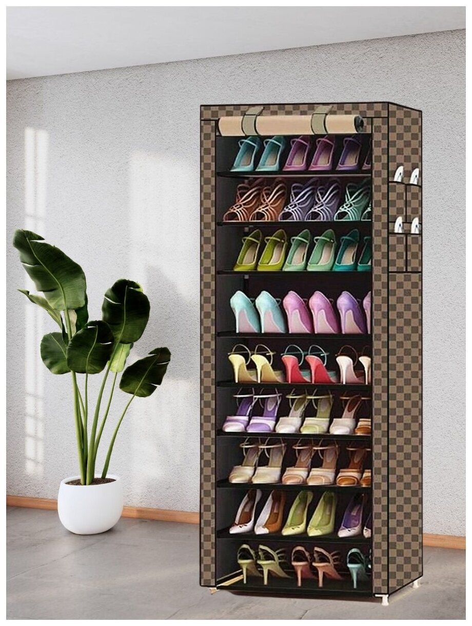 Тканевый шкаф для хранения обуви / Складной каркасный шкаф / Обувница 60х30х160 см, коричневый