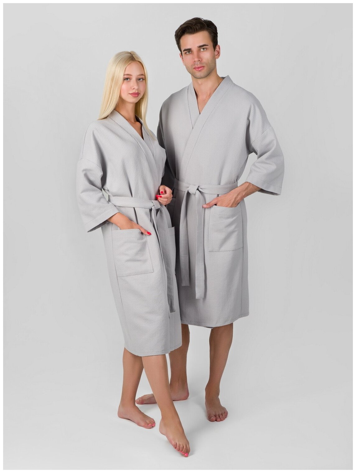 Вафельный халат Кимоно унисекс "Ромбы", серый. Размер 50-52 - фотография № 2