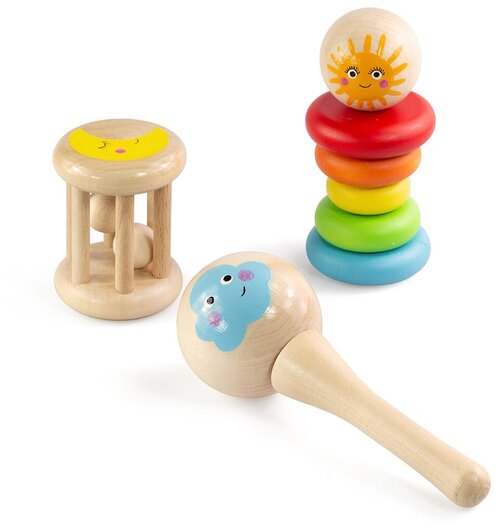 Набор из 3 деревянных игрушек для детей Мое Солнышко / Первые игрушки для малышей / Погремушка / Пирамидка / Ulanik