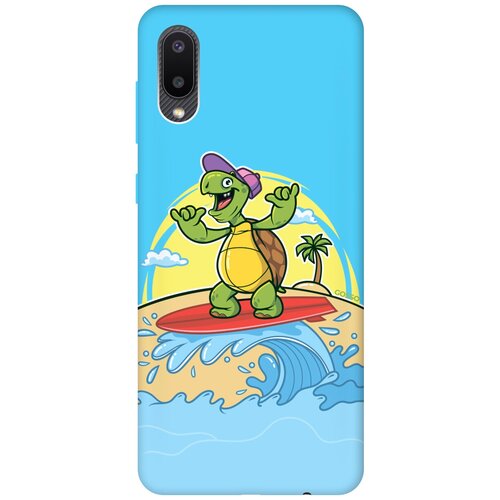 силиконовая чехол накладка silky touch для samsung galaxy s21 plus с принтом turtle surfer голубая Силиконовая чехол-накладка Silky Touch для Samsung Galaxy A02 с принтом Turtle Surfer голубая