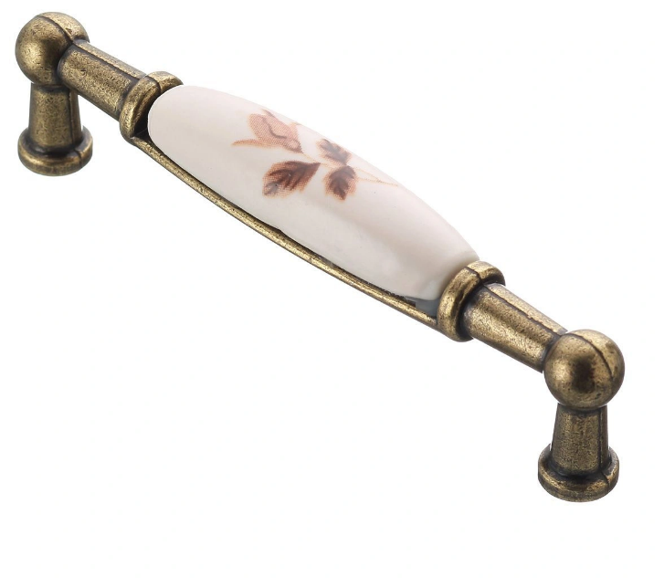 Ручка-скоба с фарфором Кремовая Роза 96 мм бронза