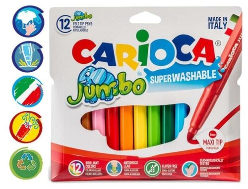 CARIOCA Фломастеры 12 цветов Carioca Jumbo, 5 мм, утолщенные, смываемые, картон, европодвес