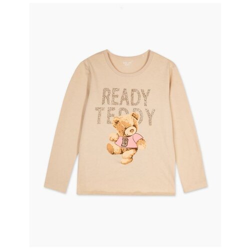 фото Бежевый лонгслив с мишкой и блестящей надписью ready teddy для девочки gloria jeans