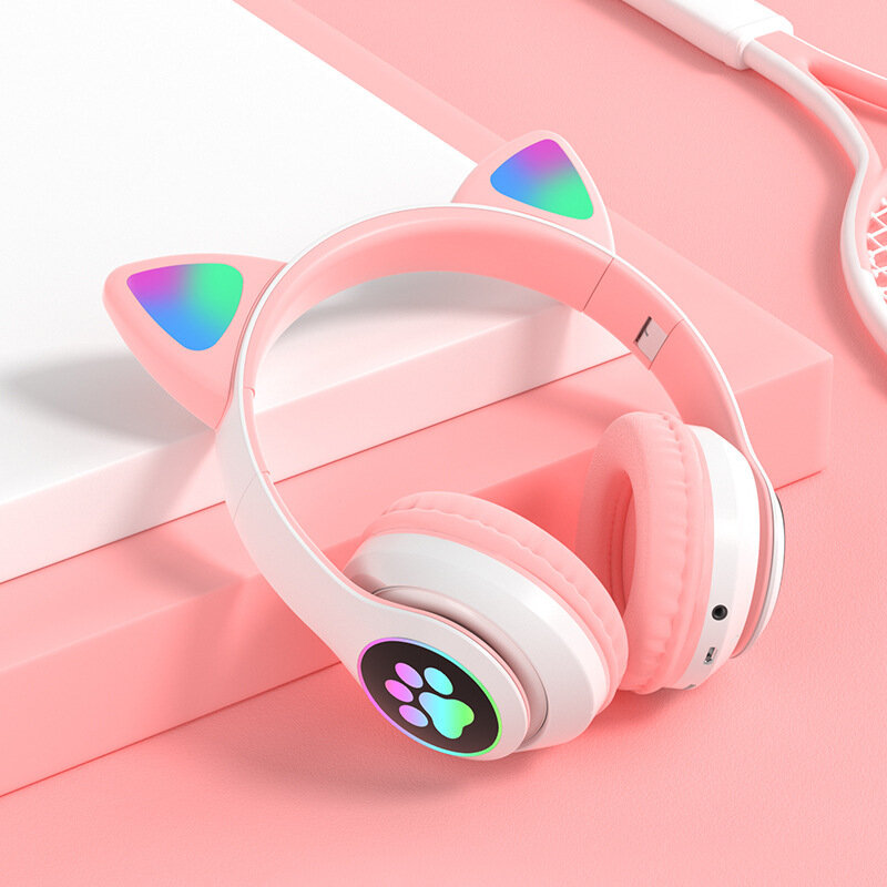 Беспроводные светящиеся Bluetooth наушники с кошачьими ушками, с микрофоном, RGB подсветкой (розово-белые)