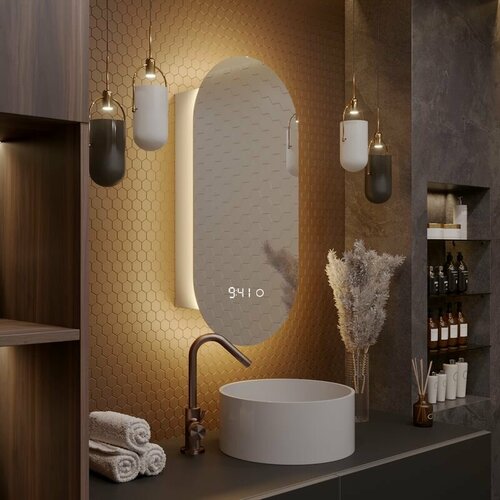 Зеркало-шкаф Олимпия 90*50 с тёплой LED-подсветкой, левый, с часами