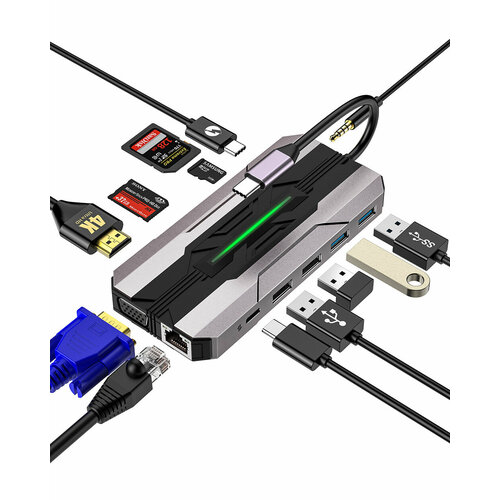 Док-станция 13 в 1 Type-C черный серый 2163₽