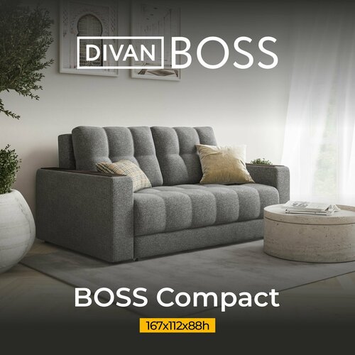 Раскладной диван BOSS Compact, выкатной easy roll, рогожка Malmo серый, 167х112х88 см