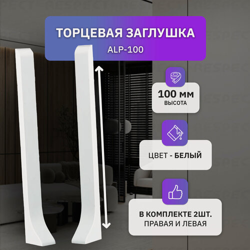 Изображение товара Торцевая заглушка алюминиевая для накладного плинтуса высотой 100 мм, 2 шт, белый