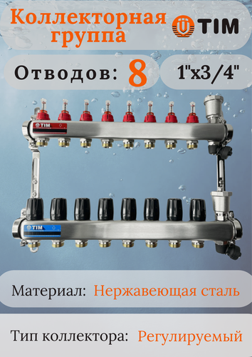 Изображение товара Коллектор для теплого пола с расходомерами 1"х 3/4"на 8 выходов , нерж, без кранов TIM