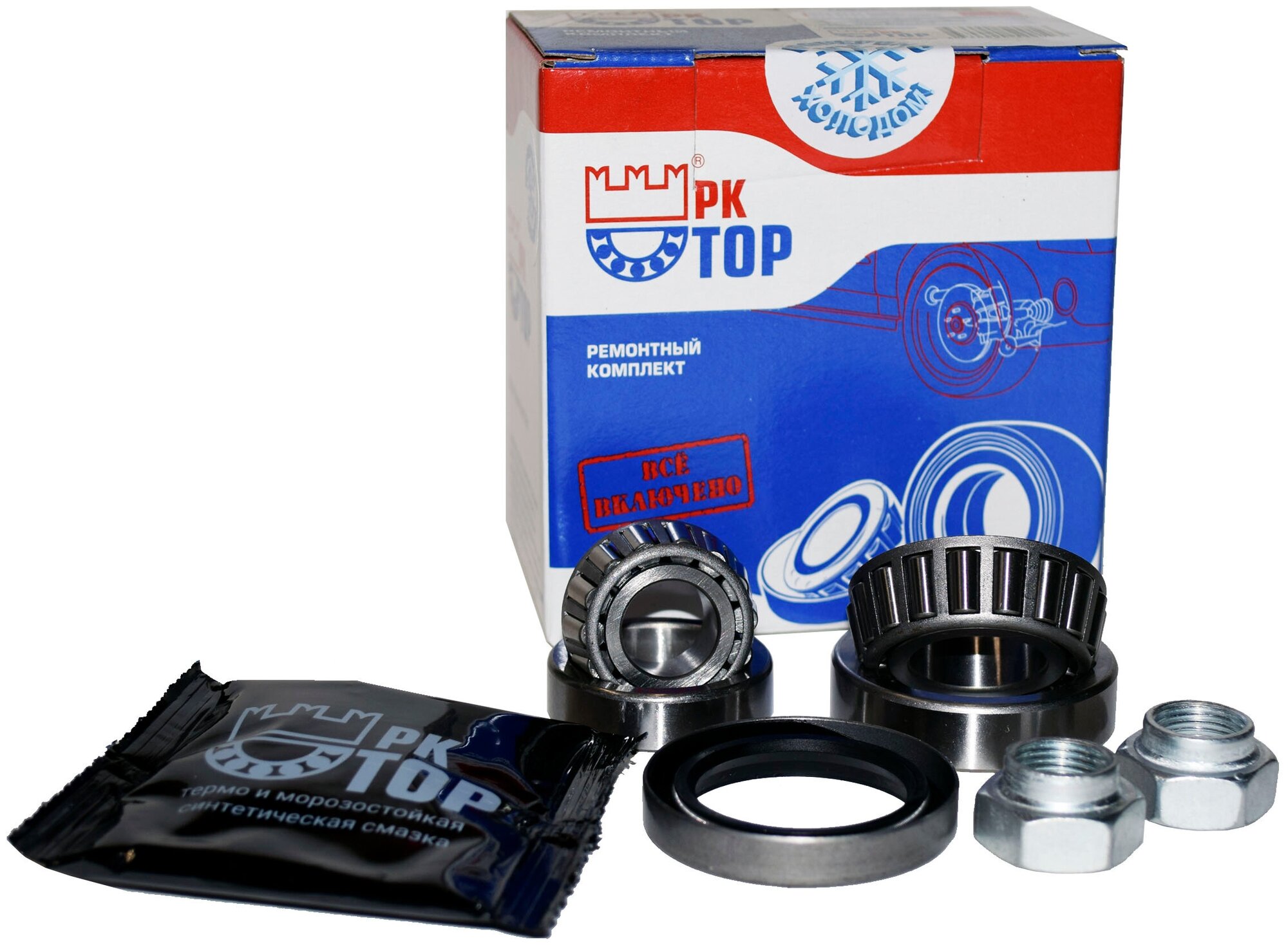 РК ТОР Подшипник (Ремкомплект) передней ступицы ВАЗ 2101, 2102, 2103, 2104, 2105, 2106, 2107 (T-12204N), Подшипник внутр. 7805, наруж. 7804, Сальник, гайки, морозоустойчивая смазка. Ступичный подшипник