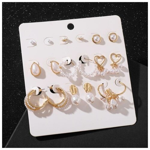фото Серьги набор 9 пар "юность" жемчужинки, цвет белый в золоте, d=2 yandex market