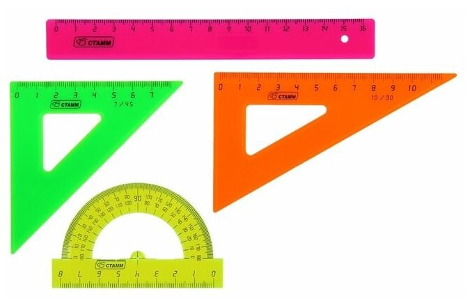 Стамм Набор геометрический Стамм, малый: линейка 16 см, треугольник 7 см 45°, треугольник 10 см 30°, транспортир 8 см 180°. микс
