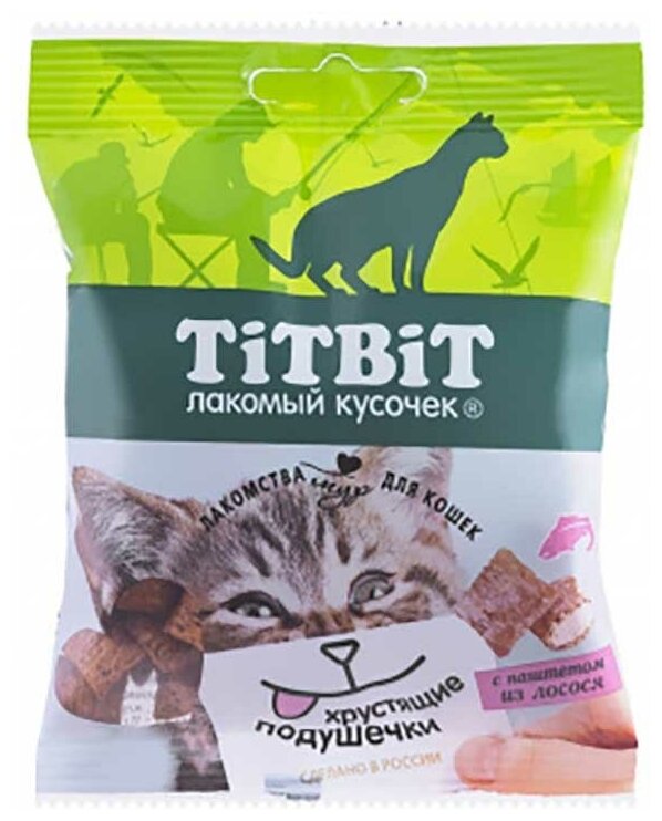 TiTBiT 10шт х 30г хрустящие подушечки для кошек с паштетом из лосося - фотография № 1