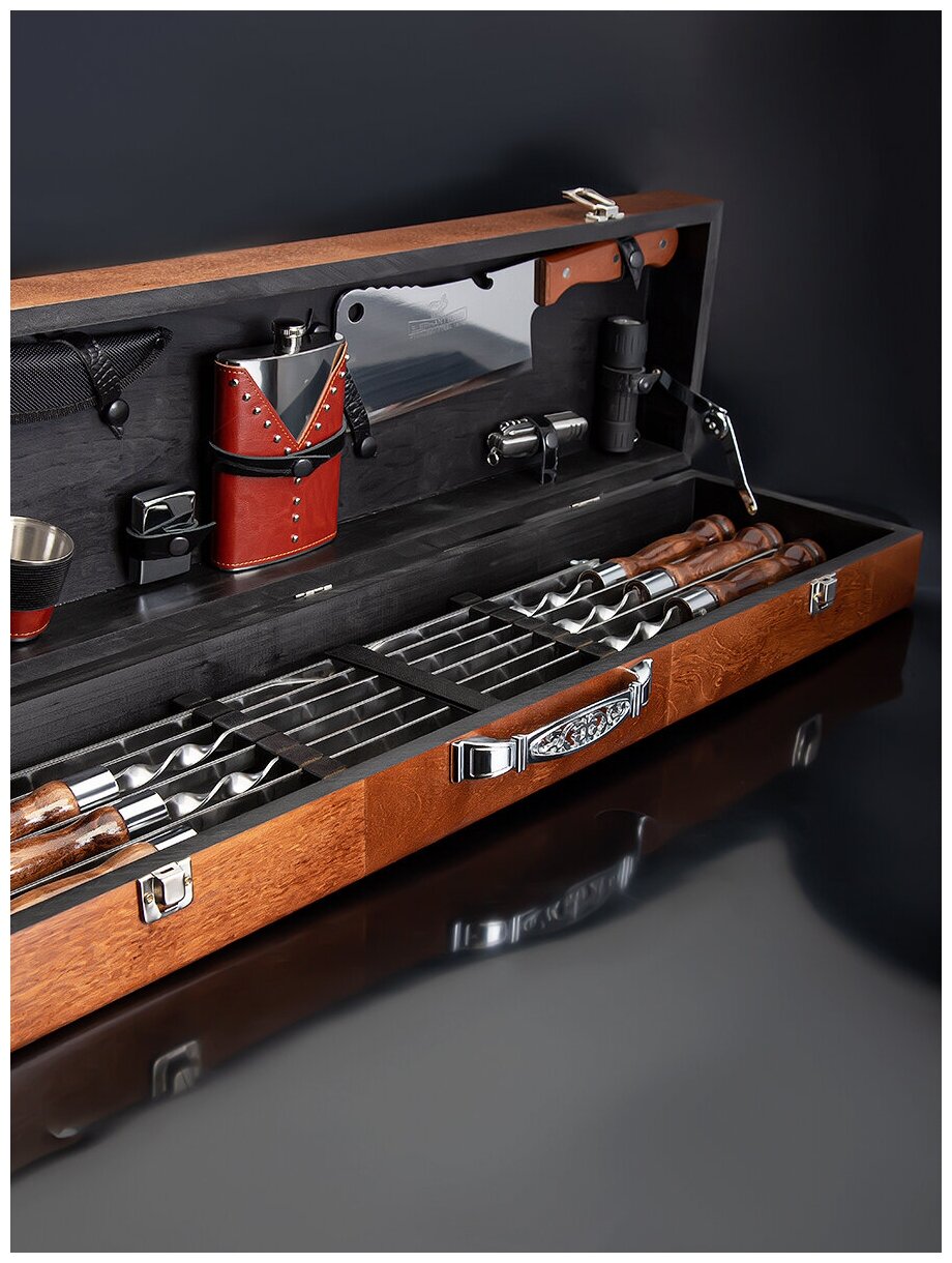 Подарочный набор шампуров с деревянной ручкой GLAMKAMP Эко-Премиум #02 Шашлычный набор в кейсе / чемодане для пикника барбекю гриля мангала