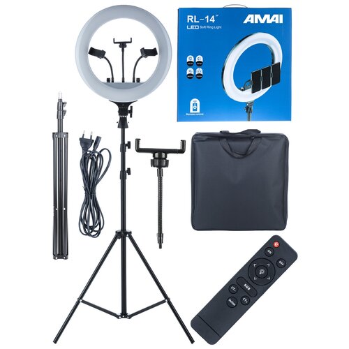 Кольцевая лампа AMAI RL-14 диаметр 36 см с тремя держателями для смартфонов дистанционным пультом управления со штативом 210 см студийный свет 365000₽
