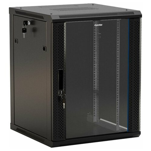 Шкаф Hyperline коммутационный (TWB-2245-GP-RAL9004) настенный 22U 600x450мм пер. дв. стекл 60кг черный шкаф настенный hyperline twb fc 2266 sr ral9004 22u 19 1086x600х600мм металлическая дверь черный