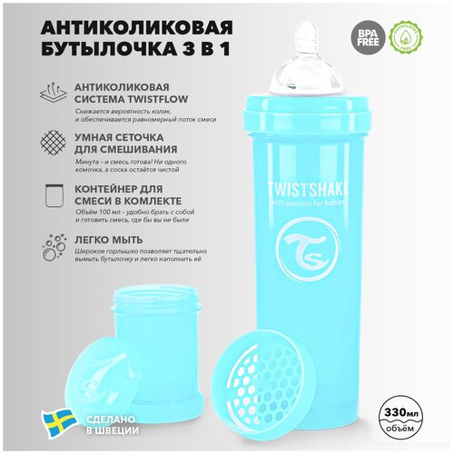 Детская антиколиковая бутылочка для кормления Twistshake,  330 мл, от 4 мес. Пастельный синий