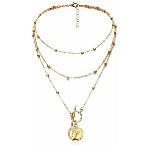 Колье многослойное из трёх цепочек с подвеской Монета, под золото 52 см