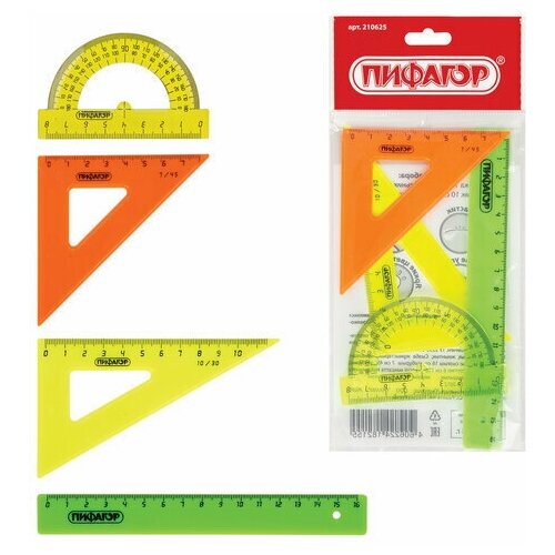 фото Набор чертежный малый пифагор (линейка 16 см, 2 треугольника, транспортир), неоновый, европодвес, 210625