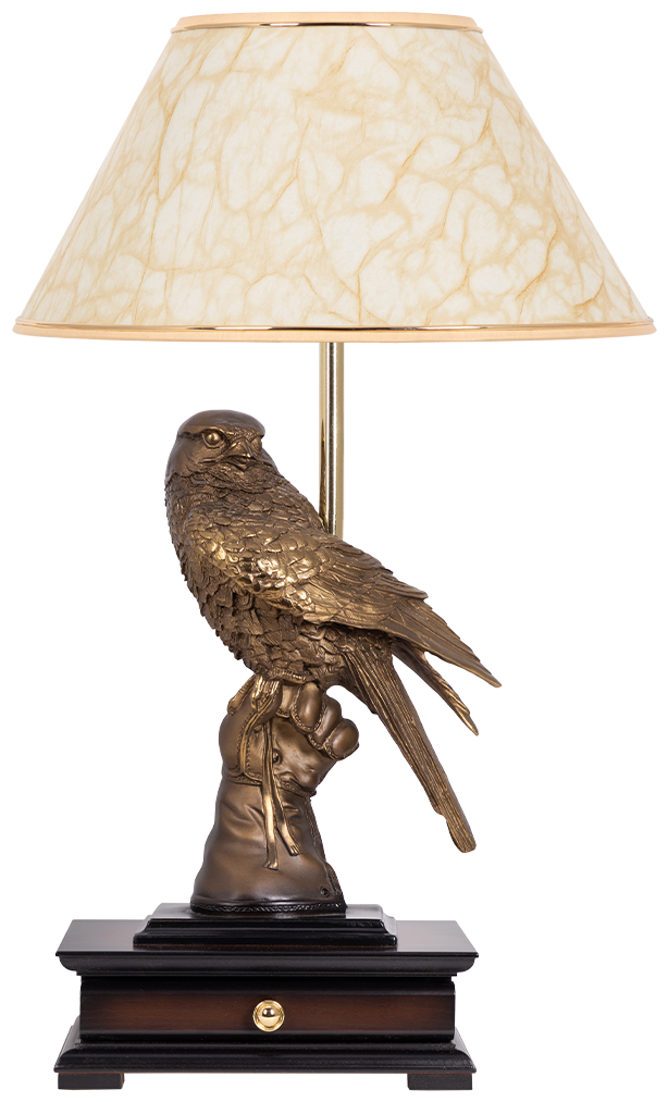 Настольная лампа Bogacho Соколиная охота бронзовая с песочным абажуром