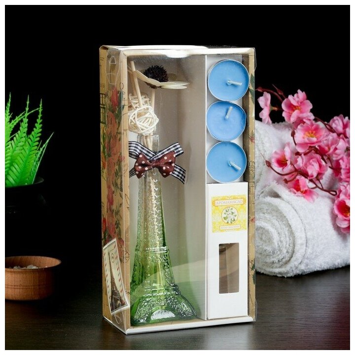 Набор подарочный "Париж": ваза, свечи, аромамасло жасмин, декор, "Богатство Аромата" 4355329