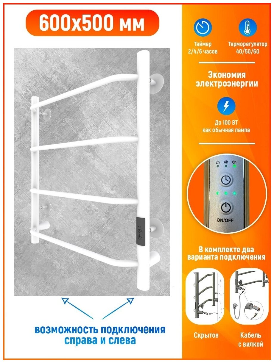 Полотенцесушитель Электрический тругор ПЭК 6 белый ВГП 60х50 лесенка терморегулятор скрытое подкл/вилка