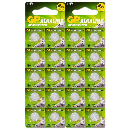 Батарейка AG10 (LR54, LR1130, 389) 1.5V GP Blister, 20 шт. батарейка ag10 lr54 lr1130 389 1 5v gp blister 2 шт