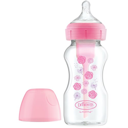 фото Бутылочка для кормления dr. brown's options+, с широким горлышком, антиколиковая, с соской 1го уровня, для новорождённых, 270 мл, розовые цветы