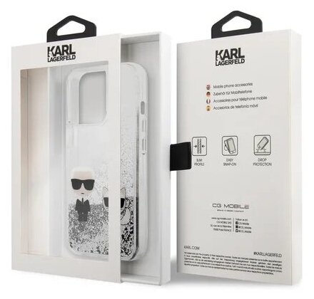 Lagerfeld для iPhone 13 Pro Max чехол Liquid glitter Karl & Choupette Hard Silver