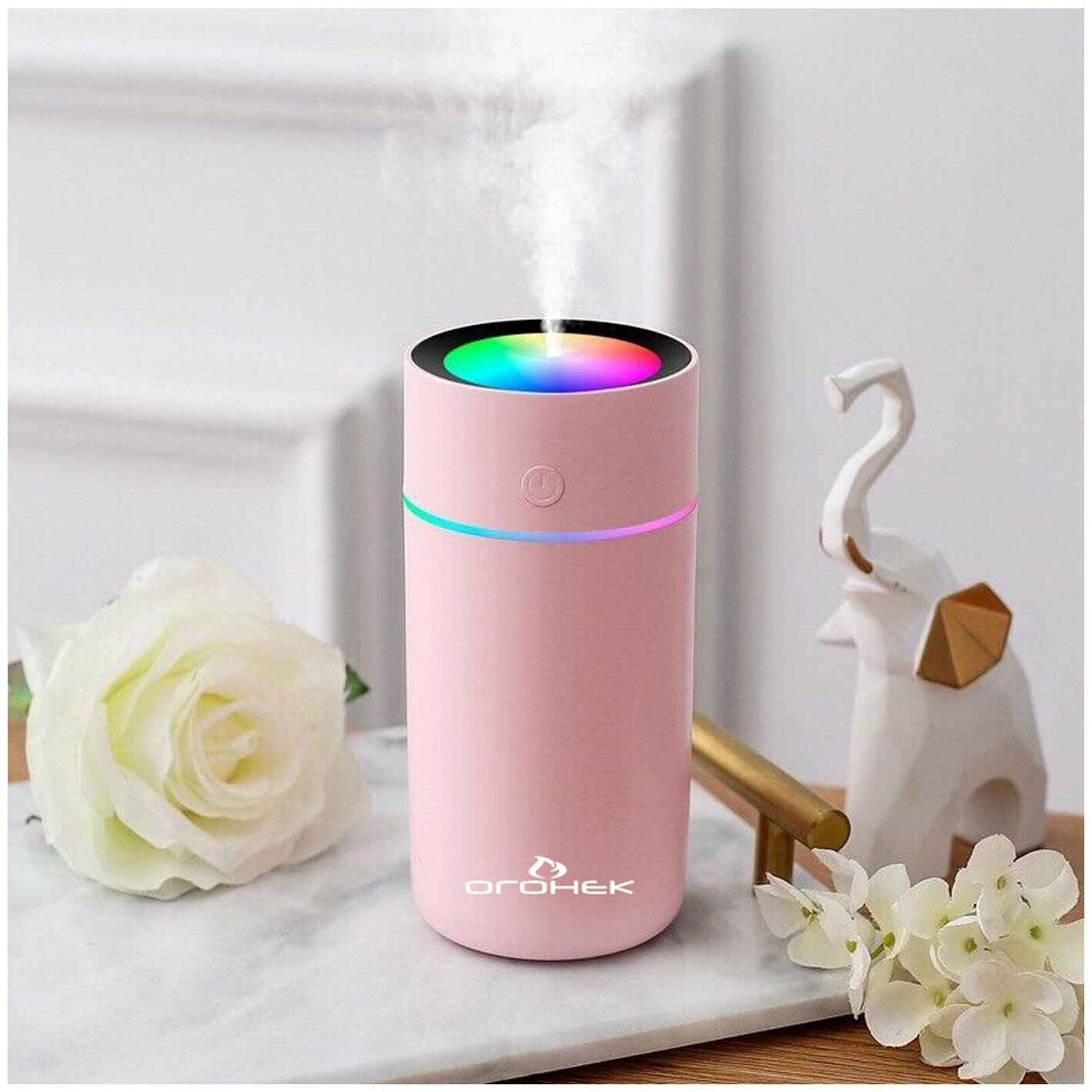 Портативный увлажнитель воздуха Огонек с питанием от USB, розовый, для дома, автомобиля - фотография № 1