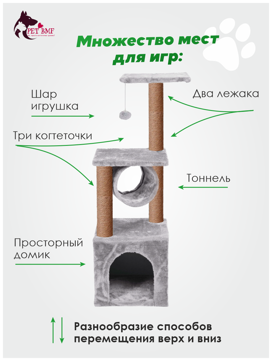 Домик для кошки с когтеточкой с тоннелем (ЭЦ) 35 x 35 х 93 см, комплекс с двумя лежаками для кошек серый - фотография № 3