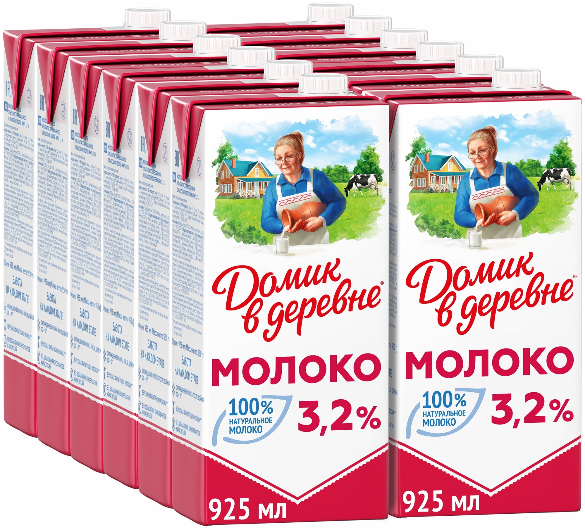 Молоко Домик в деревне ультрапастеризованное 3.2% 3.2%, 12 шт. по 0.95 кг
