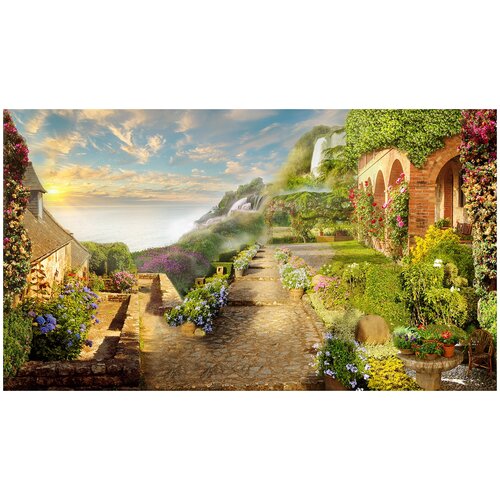 Фотообои Уютная стена Сад с водопадом на рассвете 470х270 см Виниловые Бесшовные единым полотном 16500₽