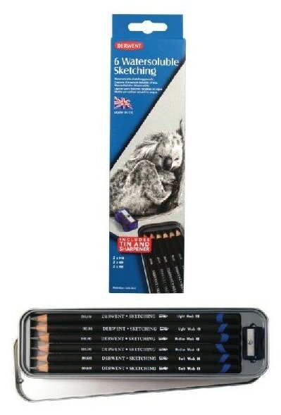 Набор чернографитных водорастворимых карандашей Derwent Sketching 6 штук с точилкой в металлической упаковке