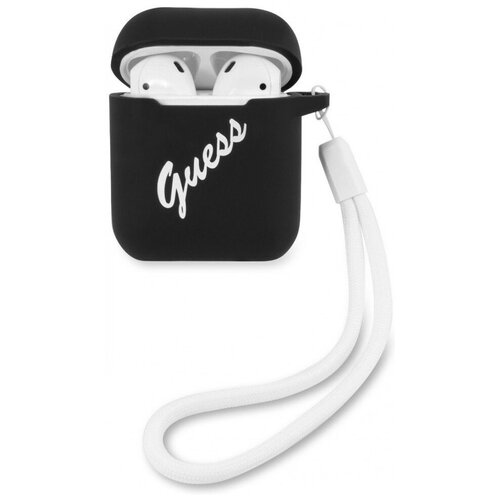 фото Чехол со шнурком cg mobile guess silicone case script logo with cord для airpods 1&2, цвет черный/белый (guaca2lsvsbw)