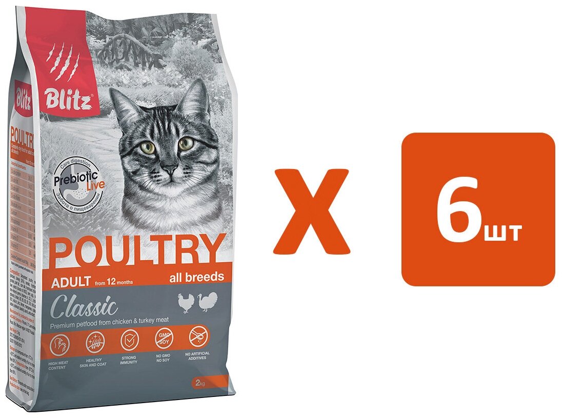 BLITZ CLASSIC ADULT CAT POULTRY для взрослых кошек с птицей (2 кг х 6 шт)