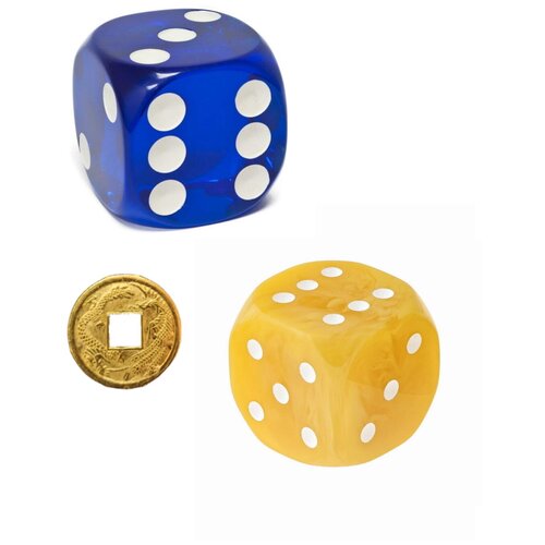 Кости игральные (синий, желтый) 17мм (2 шт) + монета "Денежный талисман"