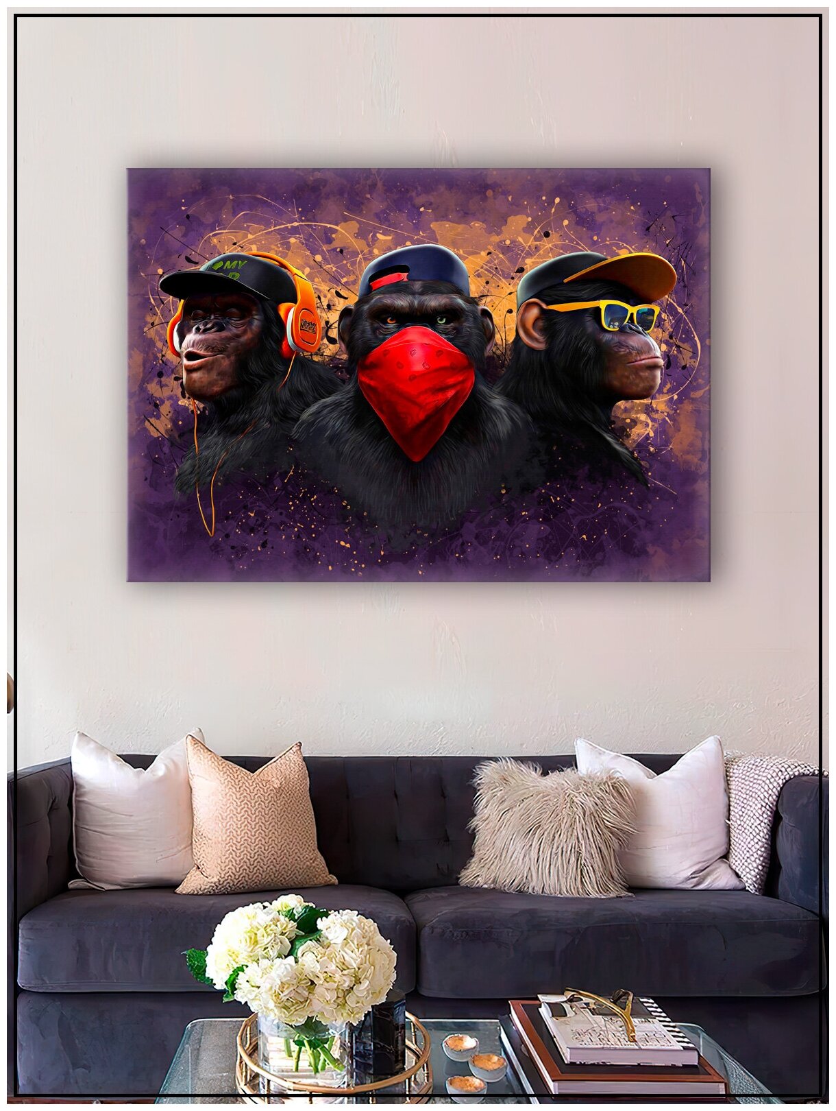 Картина для интерьера на натуральном хлопковом холсте "Три обезьяны дрим-арт", 38*55см, холст на подрамнике, картина в подарок для дома